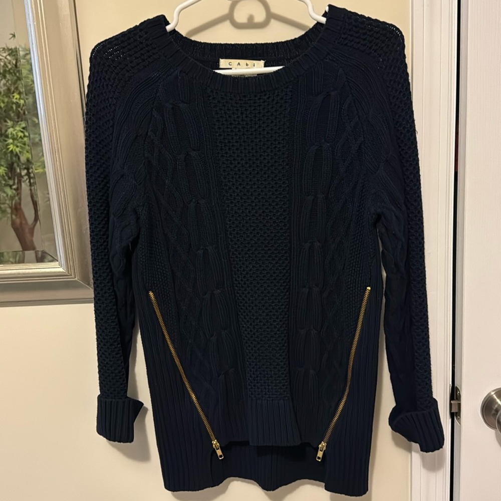 Cabi crew neck sweater zipper detail- navy